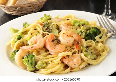 Shrimp Linguine With Broccoli Shot Close Up