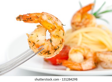 Shrimp Linguine With Pasta. Focus On Shrimp.