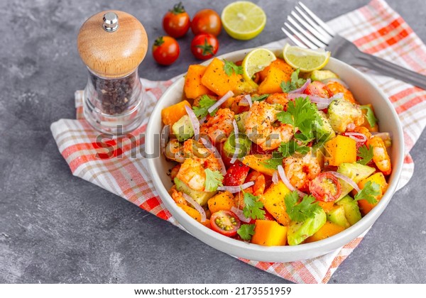 Shrimp\
Mango Salad in a Bowl, Healthy Asian Salad\
Photo
