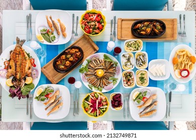 
Shrimp, mussel, anchovy and sea bream raki table, appetizers, mash haydari, cheese blue colors - Shutterstock ID 2132749871