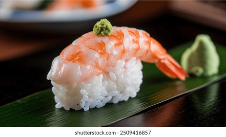 Shrimp Nigiri (Ebi Nigiri): A simple but popular sushi, featuring cooked shrimp atop rice, often with a small dab of wasabi in between. - Powered by Shutterstock