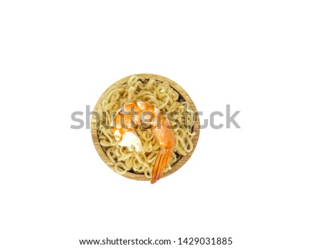 Shrimp on Noodle brown bowl wood placed on White Background,Top view.