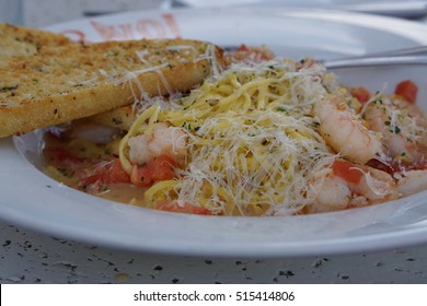 Shrimp, Pasta And Garlic Bread Dinner.