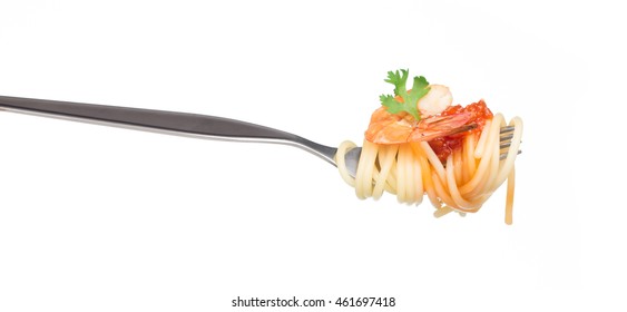 Shrimp Pasta Spaghetti On Fork Isolated On White Background