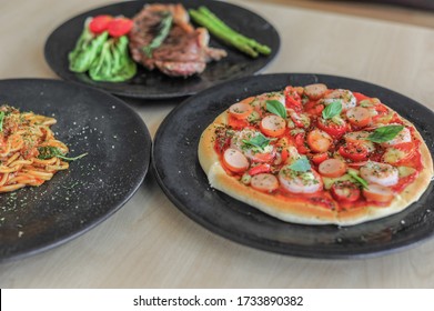 Shrimp Pizza And Ribeye Steak And Spaghetti