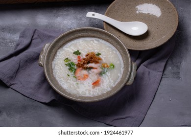 Shrimp Porridge In A Ceramic Bowl.