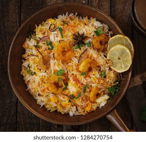 Shrimp (Prawn ) Biryani Top Down View On Wooden Background