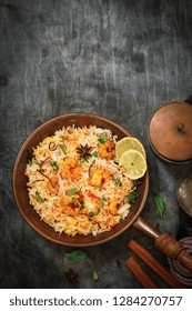 Shrimp (Prawn ) Biryani Top Down View On Wooden Background