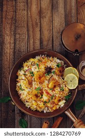 Shrimp (Prawn ) Biryani Top Down View On Wooden Background