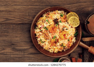 Shrimp (Prawn ) Biryani Top Down View On Wooden Background