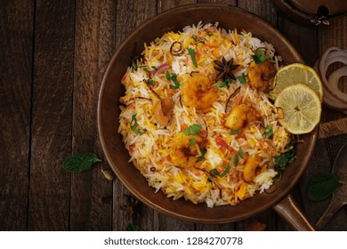 Shrimp (Prawn ) Biryani Top Down View On Wooden Background