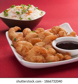 
shrimp with rice red background