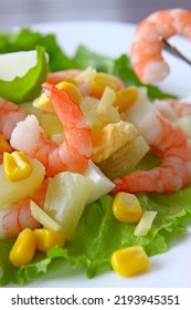 Shrimp Salad With Pineapple, Eggs And Avocado. Healthy Food Concept. Top View