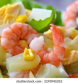 Shrimp Salad With Pineapple, Eggs And Avocado. Healthy Food Concept. Top View