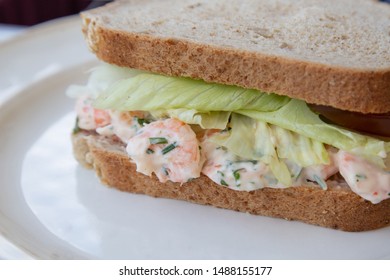 Shrimp Salad Sandwich On Bread On A White Plate