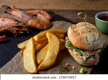 Shrimp Salad Sandwich And Oven Fries.