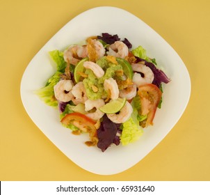 Shrimp Salad Seen From Above With Avocado Paste, Fried Onions, Tomato And Purple Cabbage.