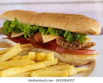 SHRIMP SANDWICH with french fries served in dish isolated on table closeup side view of fastfood - Powered by Shutterstock