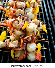 Shrimp And Scallop Kabobs On Grill