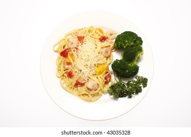 Shrimp Scampi With Linguine And A Side Of Broccoli.