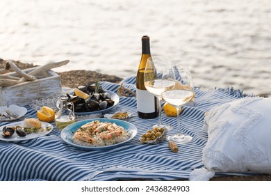 Shrimp, Seafoods, appetizers and salads on the table in Fish Restaurant. Beach Restaurant in Greece or Turkey. Aegean seaside, Greek or Turkish style fish restaurant in Bodrum, Santorini or Mykonos - Powered by Shutterstock