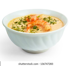 Shrimp Soup Dill Bowl Isolated On White Background