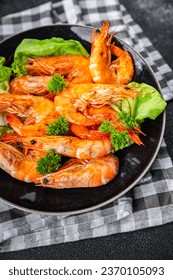 shrimp spicy fried seafood fresh tasty meal food snack on the table copy space food background rustic top view - Shutterstock ID 2370105093
