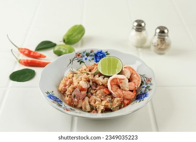 Shrimp Spicy Sauce with  Bilimbi Belimbing Wuluh, Chilli, and Lime. Sambal Ganja is Special Sauce Dish from Aceh, Indonesia