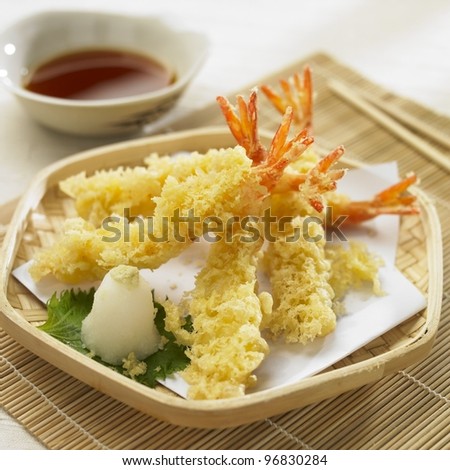 Shrimp Tempura. Japanese deep friend shrimp in the bamboo with dipping souse.