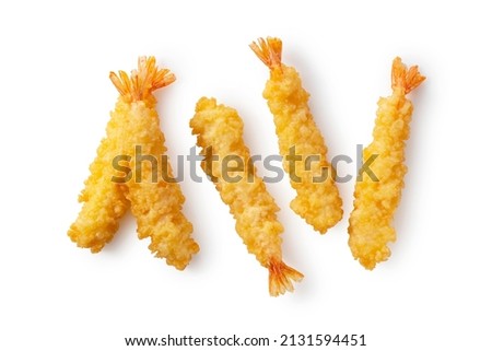 Shrimp tempura placed on a white background. Tempura is a Japanese food. It is Japanese fried shrimp. View from above