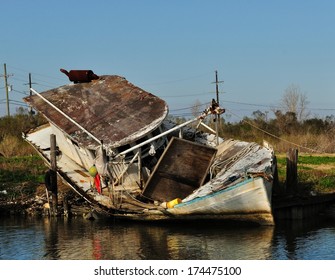 A Shrimp Trawler Boat Wrecked And Grounded On A Louisiana Bayou In The Aftermath Hurricane Katrina