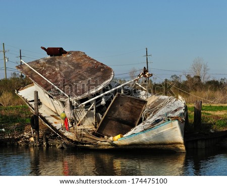 A Shrimp Trawler Boat Wrecked And Grounded On A Louisiana Bayou In The Aftermath Hurricane Katrina