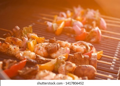 Shrimp Veggie Kabobs On Grill BBQ