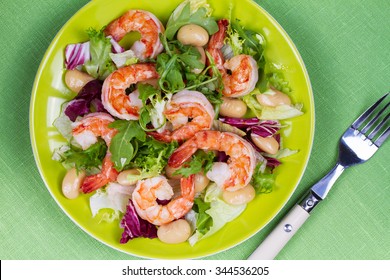 Shrimp And White Bean Salad. View From Above, Top Studio Shot