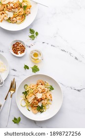 Shrimp And Zucchini Noodles Or Zoodles Pasta With Parmesan And Chili Flakes Overhead