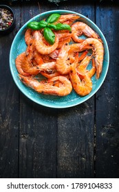 Shrimps Cooked Seafood Ready To Eat Prawn Serving Size Snack. Food Background Top View Copy Space Healthy Eating Raw Pescetarian 