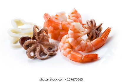 Shrimps, Octopus; And Squid. Seafood Isolated