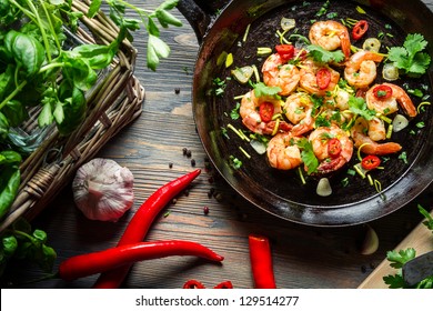 Shrimps On Pan With Fresh Herbs