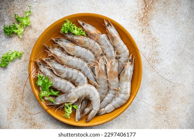 shrimps raw gambas seafood prawn healthy meal food snack on the table copy space food background rustic top view - Shutterstock ID 2297406177