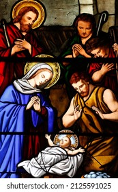 Shrine of Our Lady of la Salette. Stained glass window. Nativity. Adoration of the shepherds. France.  12-30-2014