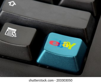 shropshire, uk . june 28th 2014. A button for ebay on the keyboard. Online shop.