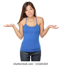 Shrugging Woman In Doubt Doing Shrug Showing Open Palms.