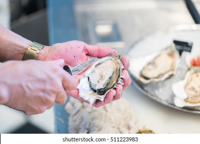 Shucking Fresh Oysters With A Knife
