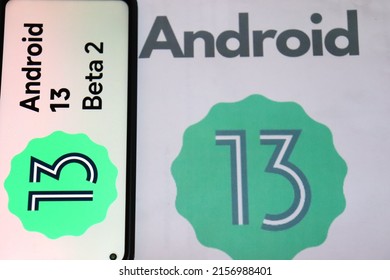 Shumen, Bulgaria- May 17 2022: Phone with Android 13 Beta 2 on a paper with Android 13 Beta 2 ads