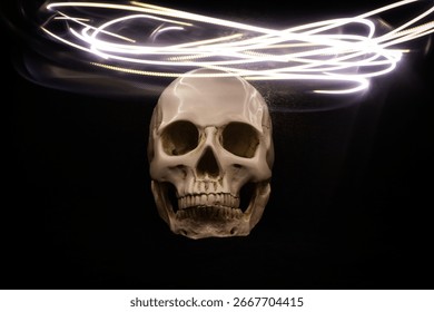 shutterspeed manipulation to create spiraling light above skull 