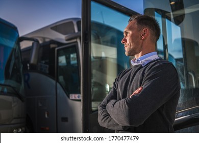 Shuttle Buses Public Transportation Company Owner Staying Proud In Front Of His Vehicles. Transportation Industry Theme.