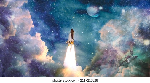 Shuttle launch in the clouds to outer space. Dark space with stars on background.Spaceship flight. Elements of this image furnished by NASA