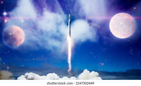 Shuttle launch in the clouds to outer space. Dark space with stars on background.Spaceship flight. Elements of this image furnished by NASA