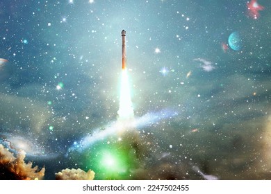 Shuttle launch in the clouds to outer space. Dark space with stars on background.Spaceship flight. Elements of this image furnished by NASA