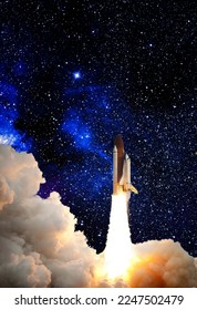 shuttle launch in the clouds to outer space. Dark space with stars on background.Spaceship flight. Elements of this image furnished by NASA
